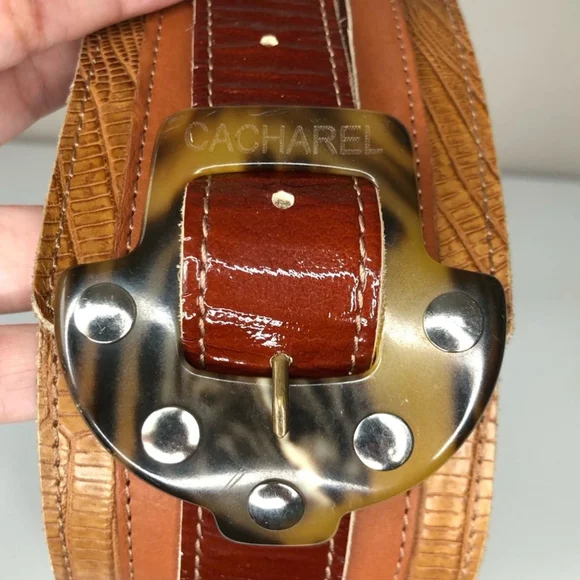 Vintage Cacharel Brown Reptile Leather Tortoise Buckle Stud